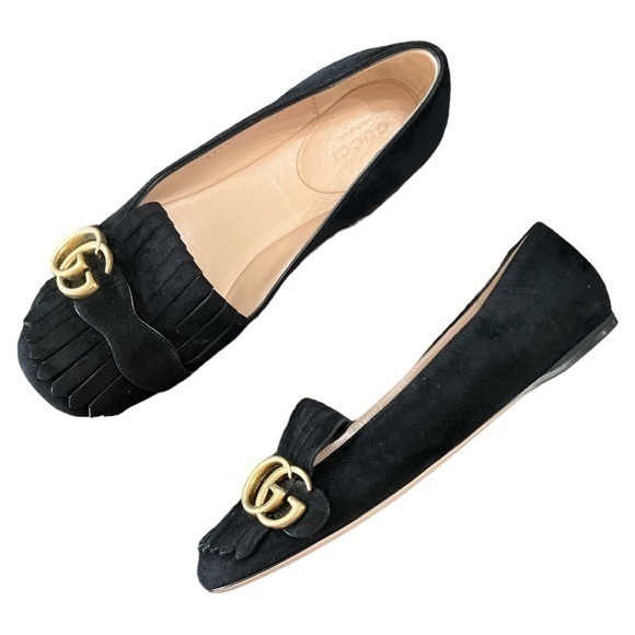 Gucci Marmont Gg Black Suede Fringe Loafer Flats Size 36 Nwob